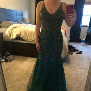 Xscape Beaded Emerald Green Prom Dress (Size 6)